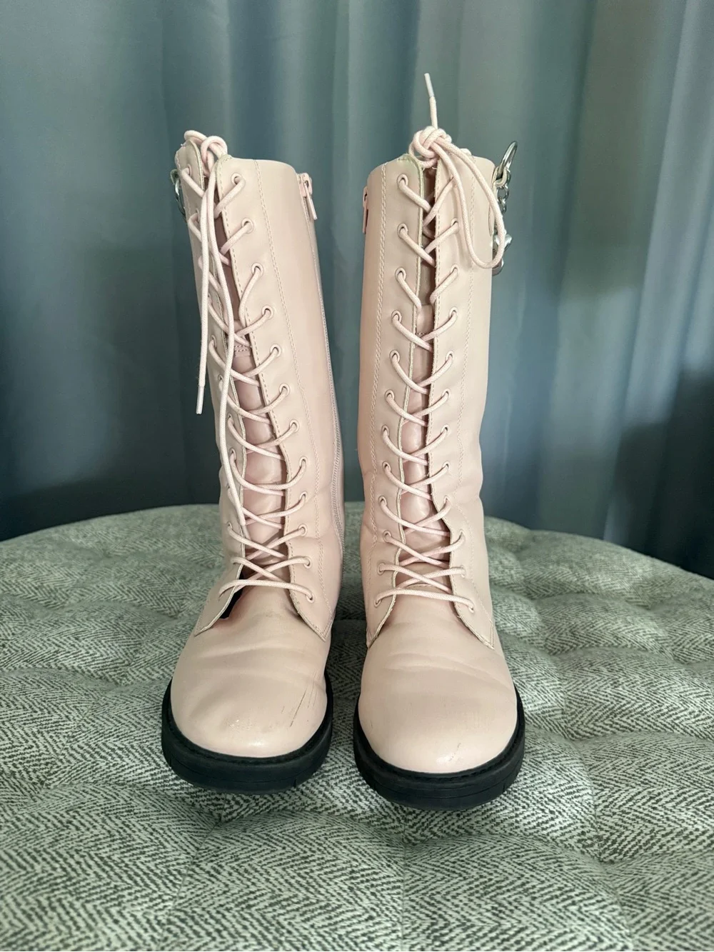 Women’s Lace-Up Knee-High Boots in Pale Pink